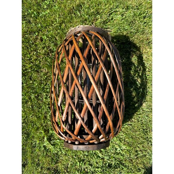 Rustic Boho MCM Bamboo Rattan Whicker & Glass Lantern With Rope Handle 16" Tall - Picture 5 of 15
